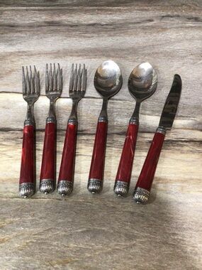 Red Marbled Acrylic Handle Flatware Set Stainless Steel Ornate 6 Piece